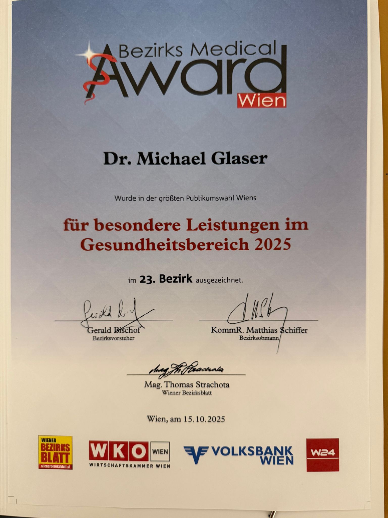 Bezirks-Medical-Award Urkunde 2025
